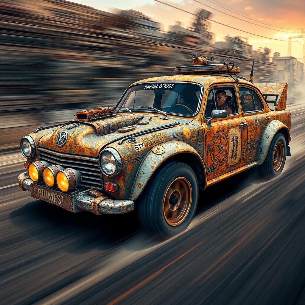Rally car wrapped in "kingdom of rust" artwork