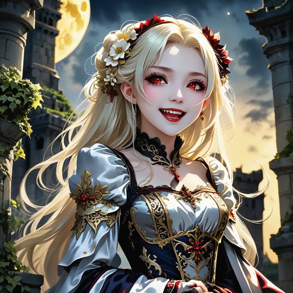 Ethereal Anime Vampire Princess in Ruined Tower