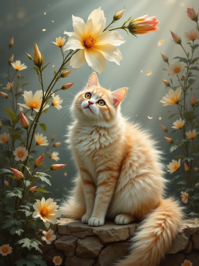 Adorable Cat Under Tall Flower with Flickering Light