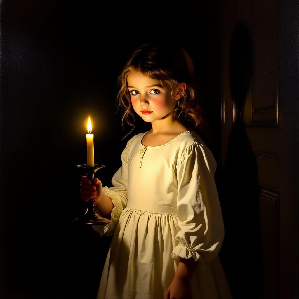 Girl With Candle in Dark Hallway, Dramatic Lighting