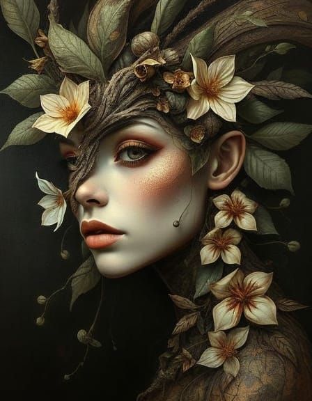 Creature with Flowers and Bark in Visionary Art Style