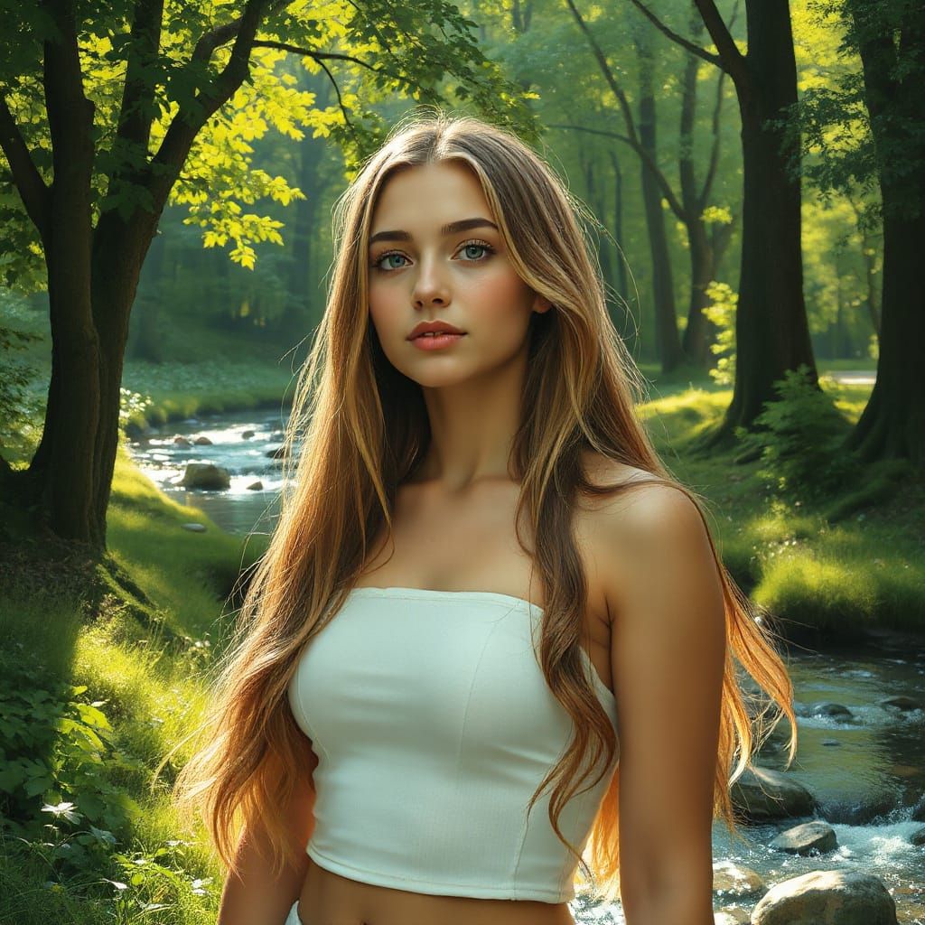 Woman in Sunlit Forest: Impressionistic Portrait