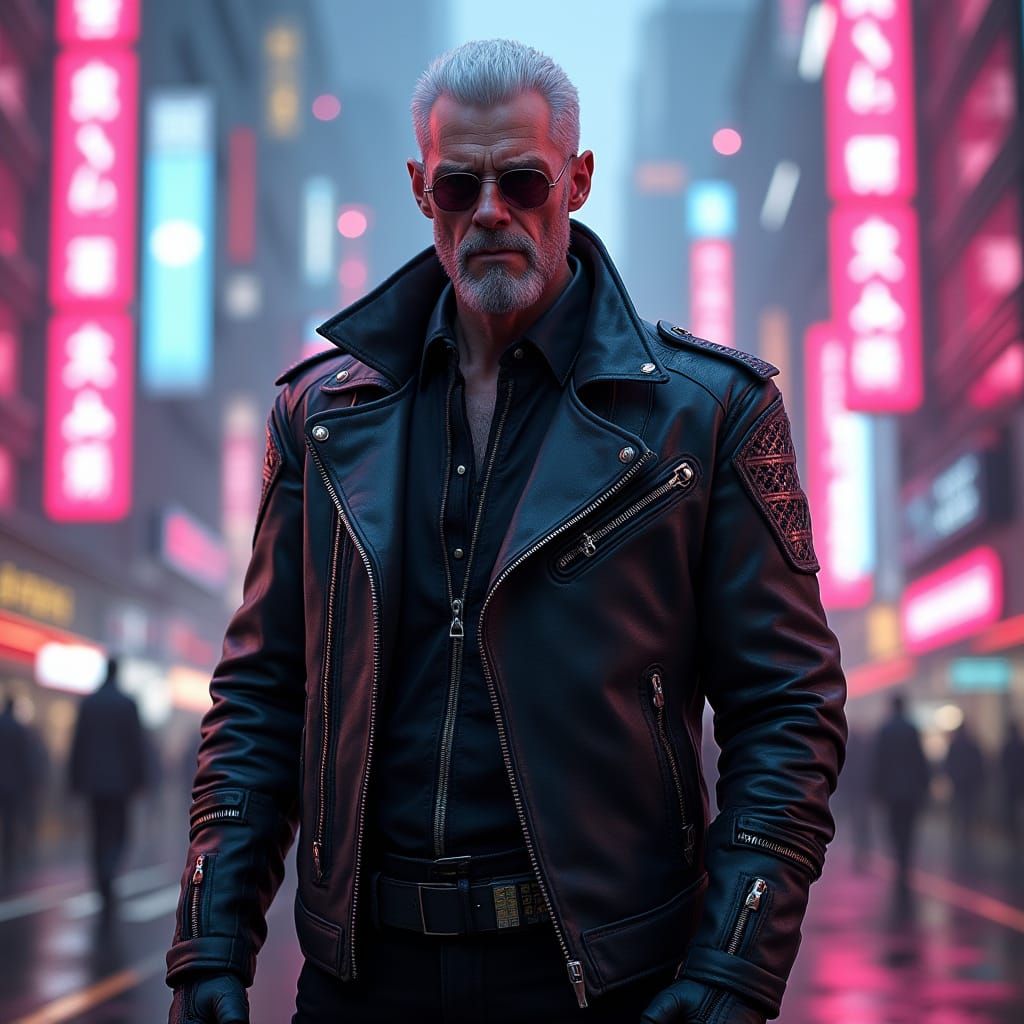 Cyberpunk Older Male in Neon Cityscape
