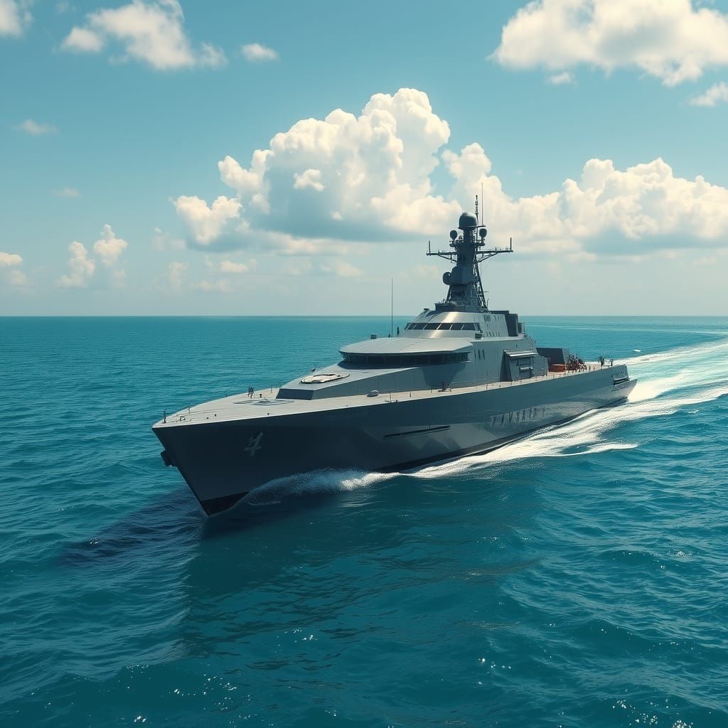 Futuristic Frigate Sailing Turquoise Ocean, Cinematic Style