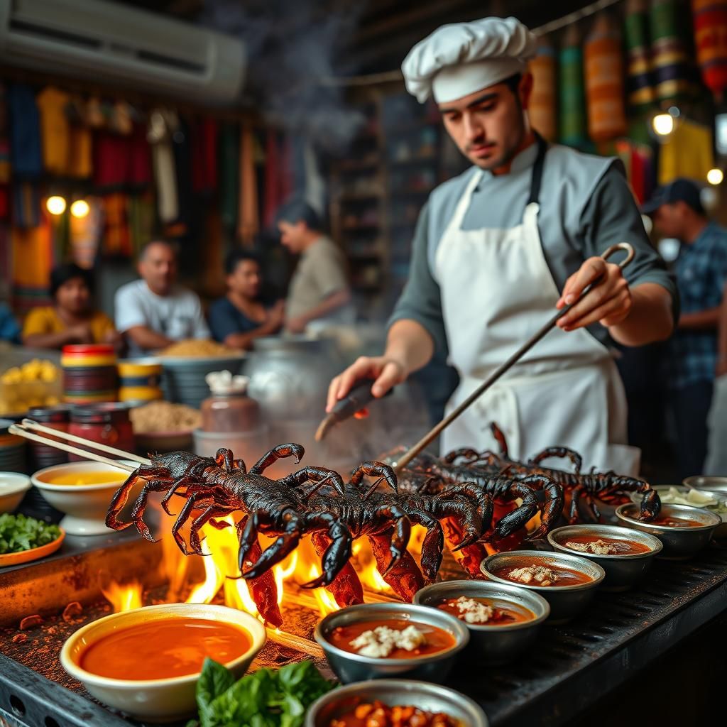 Chef Grilling Scorpions in Bustling Market