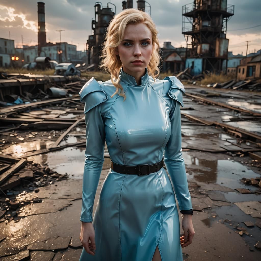 Fallout City Sunset: Blonde Woman in Blue Latex