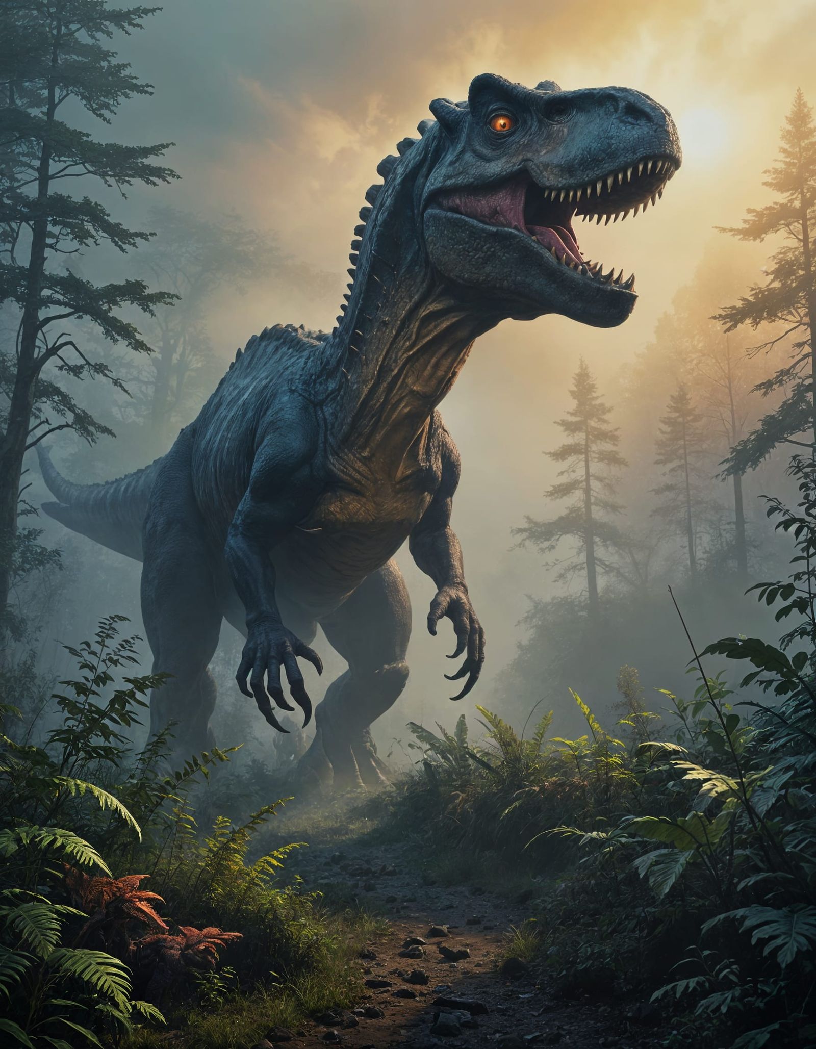 T-Rex in Foggy Jurassic Forest Digital Painting