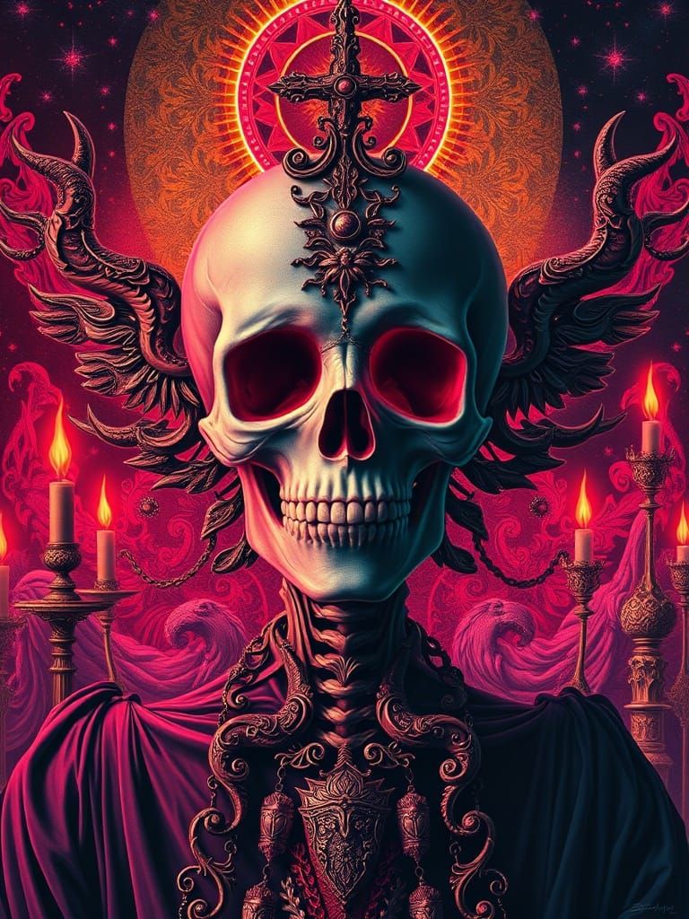 Gothic Neon Skull Art with Spiritual Psychedelic Elements