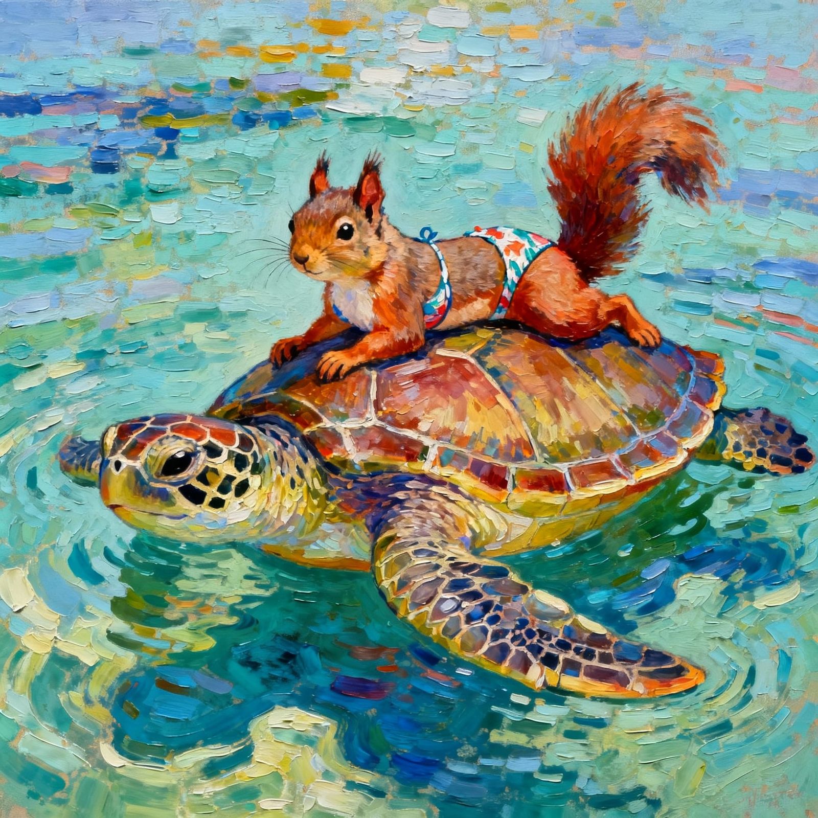 Cute Squirrel Sunbathing on Sea Turtle in Neo-Impressionist ...