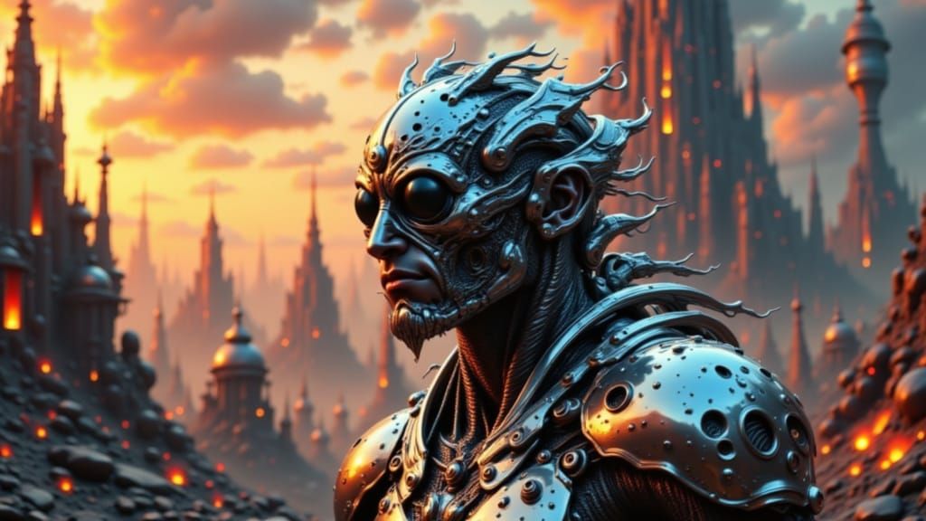 Chrome Alien Cyborg Floats Above Metropolis