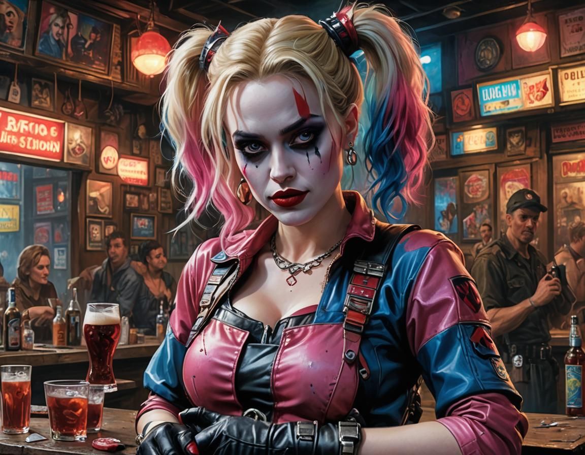 Harley Quinn in Post-Apocalyptic Bar, Acrylic Painting
