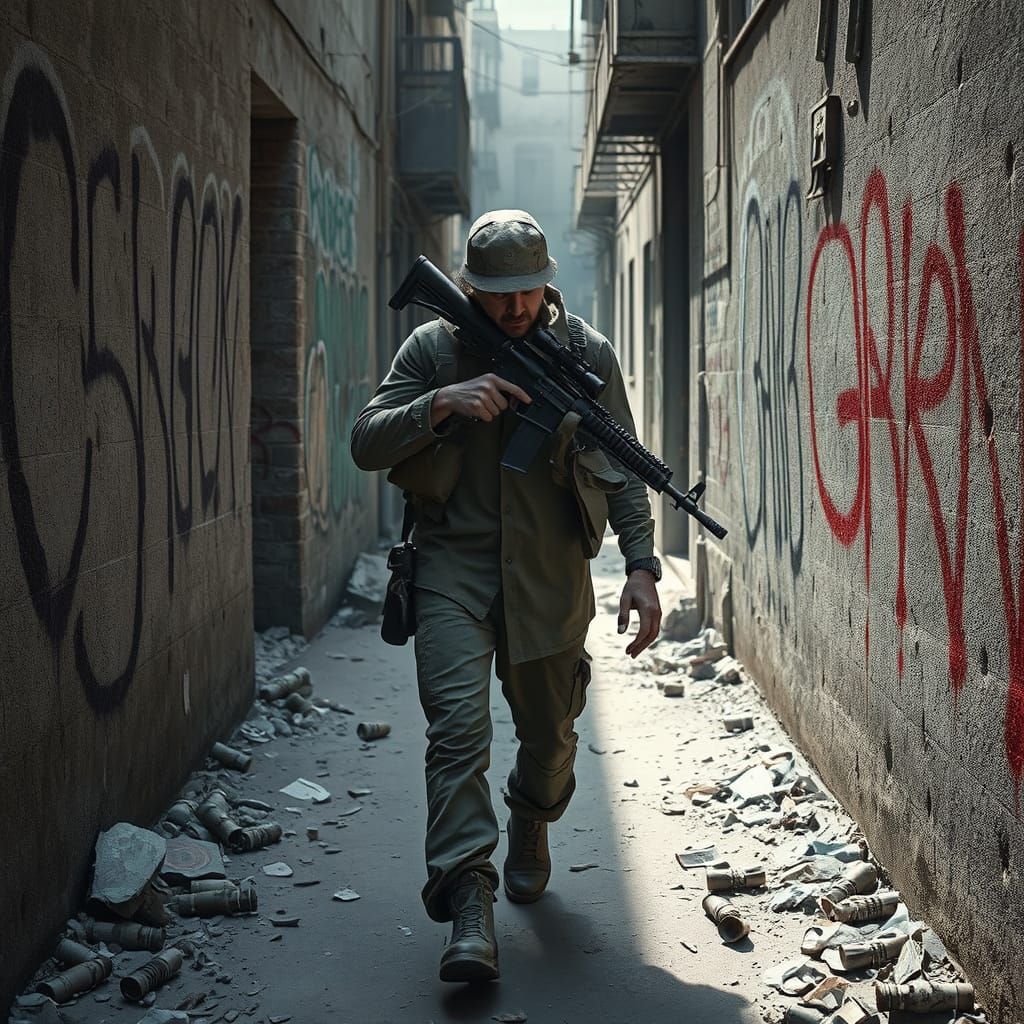 Sniper in War-Torn Alley: Cinematic Illustration