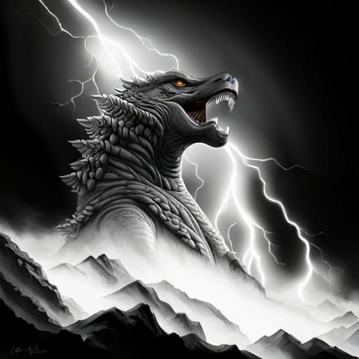 Hyperrealistic Godzilla with Lightning in Black and White