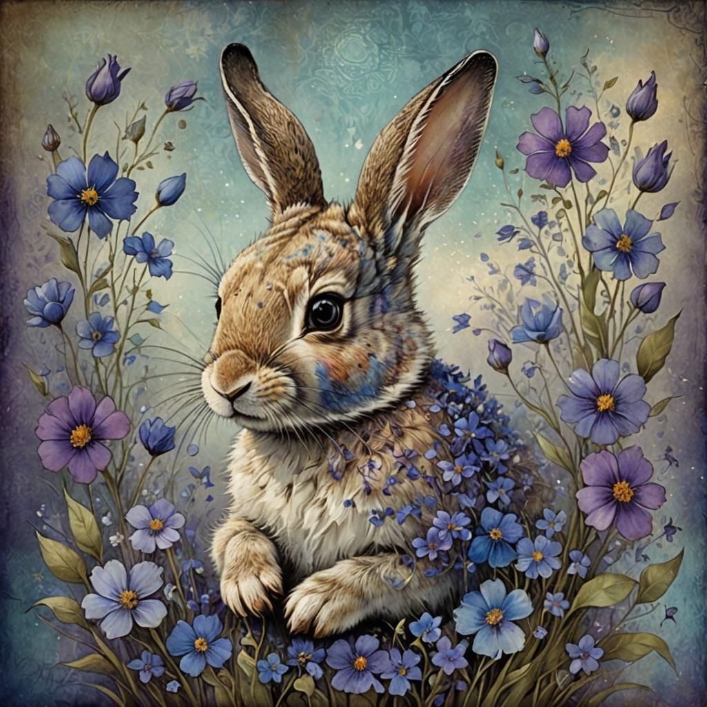 Rabbit in Flowers, Surreal Fantasy Art