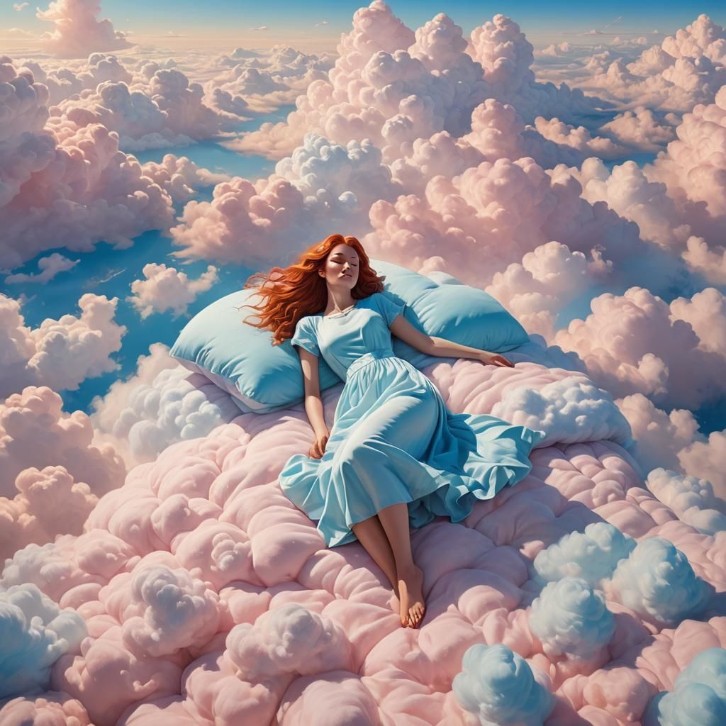 Redhead Slumbering in Cotton Candy Clouds as Impasto Paintin...