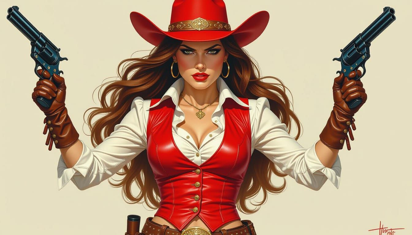 Woman in Red Cowboy Hat Holding Revolvers, Realistic Acrylic...