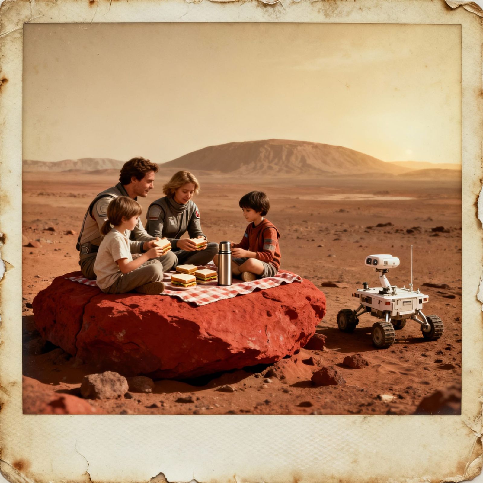 Family Picnic On Mars In Vintage Polaroid Style