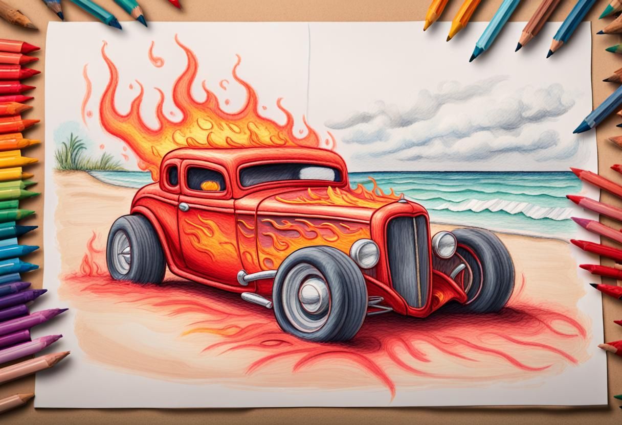 Child's Crayon Drawing of a Red Hot Rod
