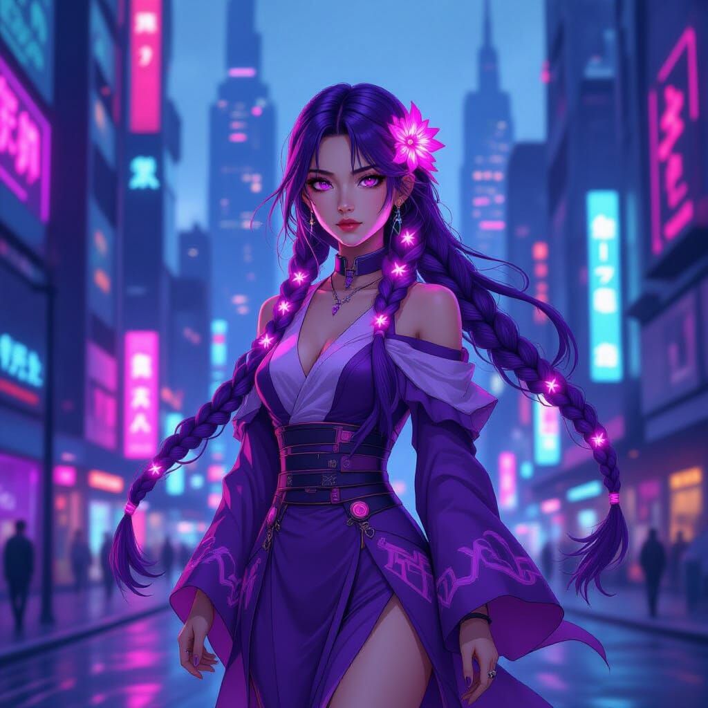 Cyberpunk Woman with Glowing Flowers in Neon City