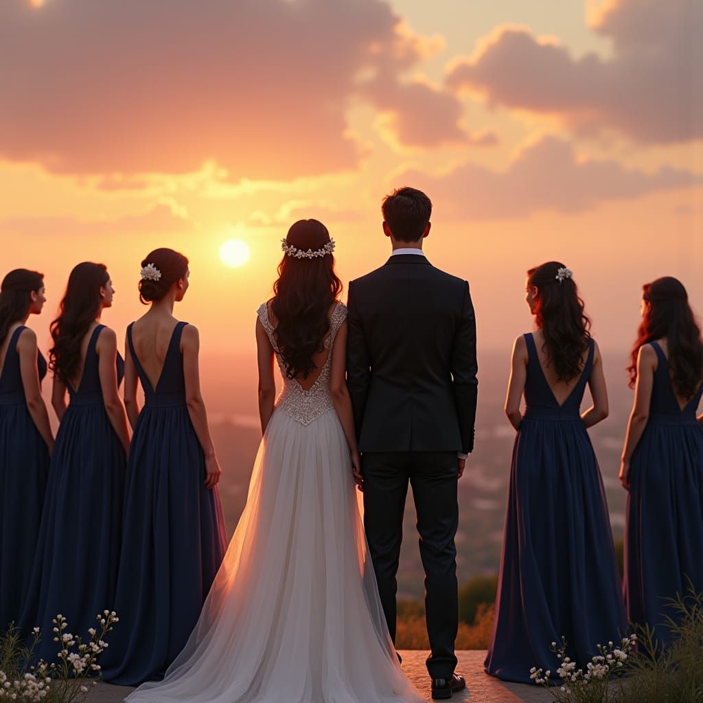 Sunset Wedding: Navy Blue Bridesmaids in Dreamy Light