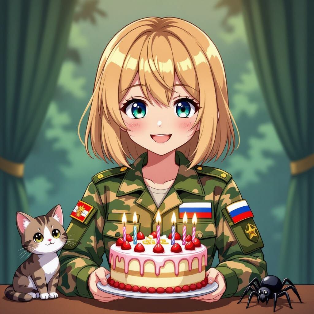 Anime Girl with Birthday Cake and Pets in Camouflage Uniform
