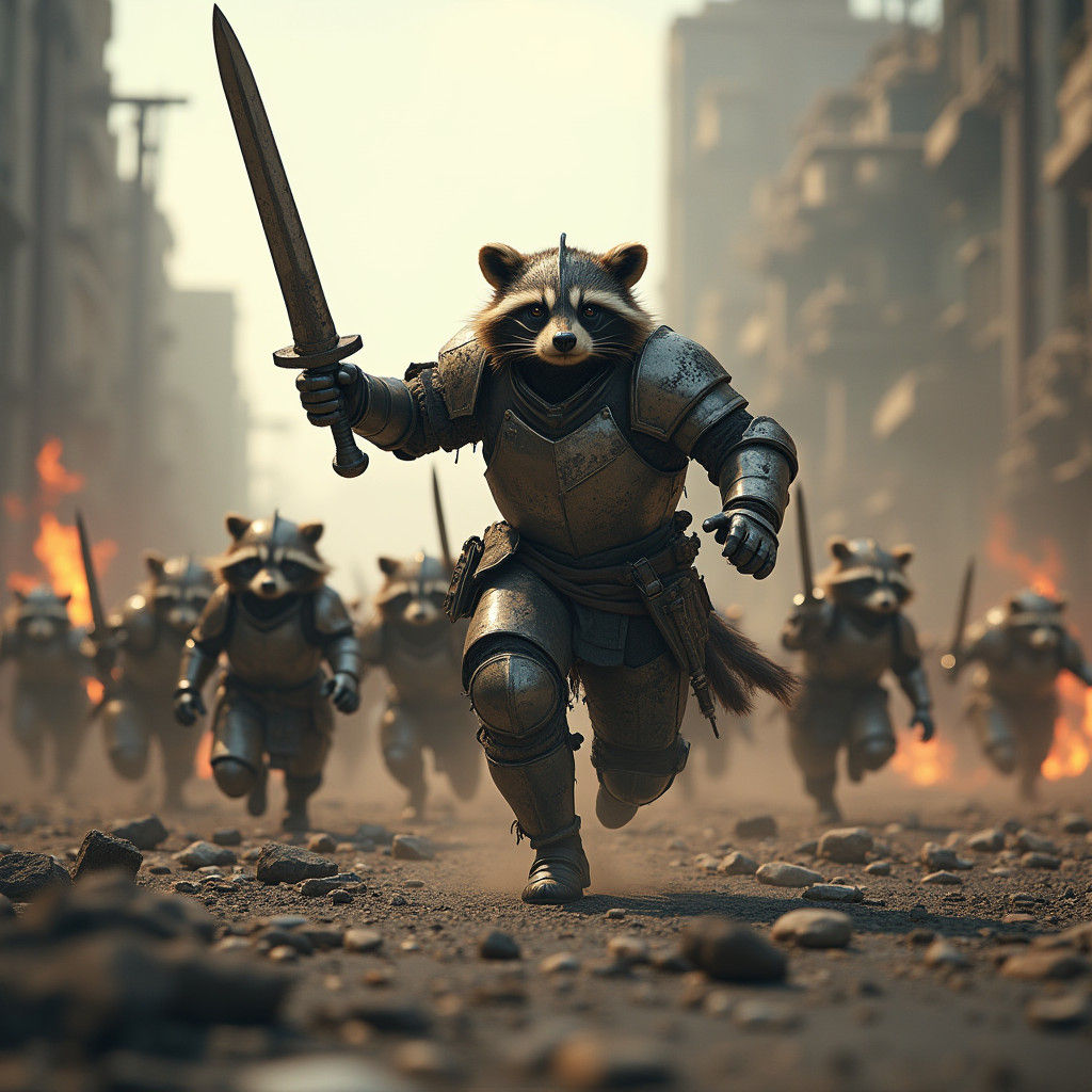 Knight Leading Raccoon Army in Apocalyptic Battle