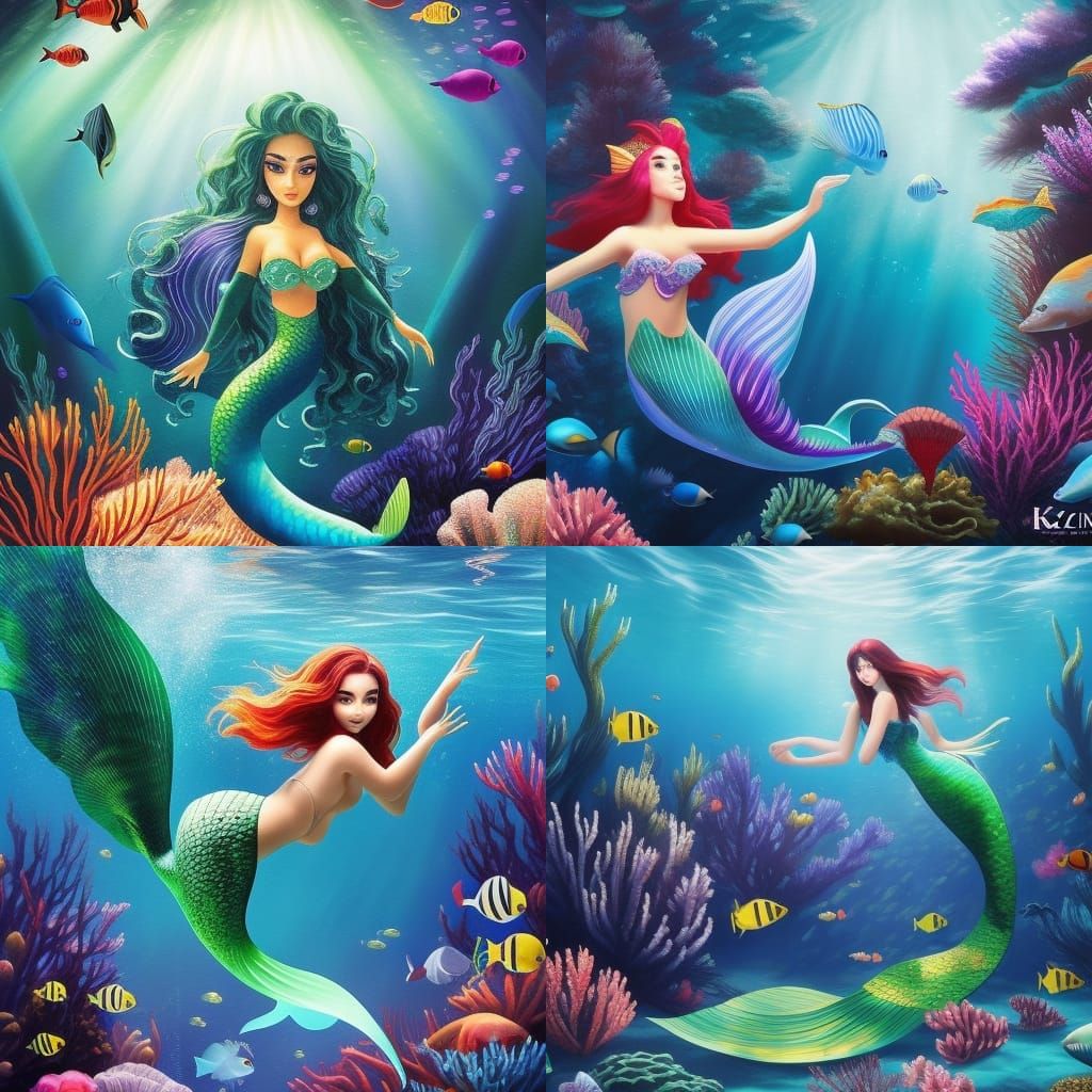 Anime Mermaid in Deep Sea: Impressionistic Underwater Scene