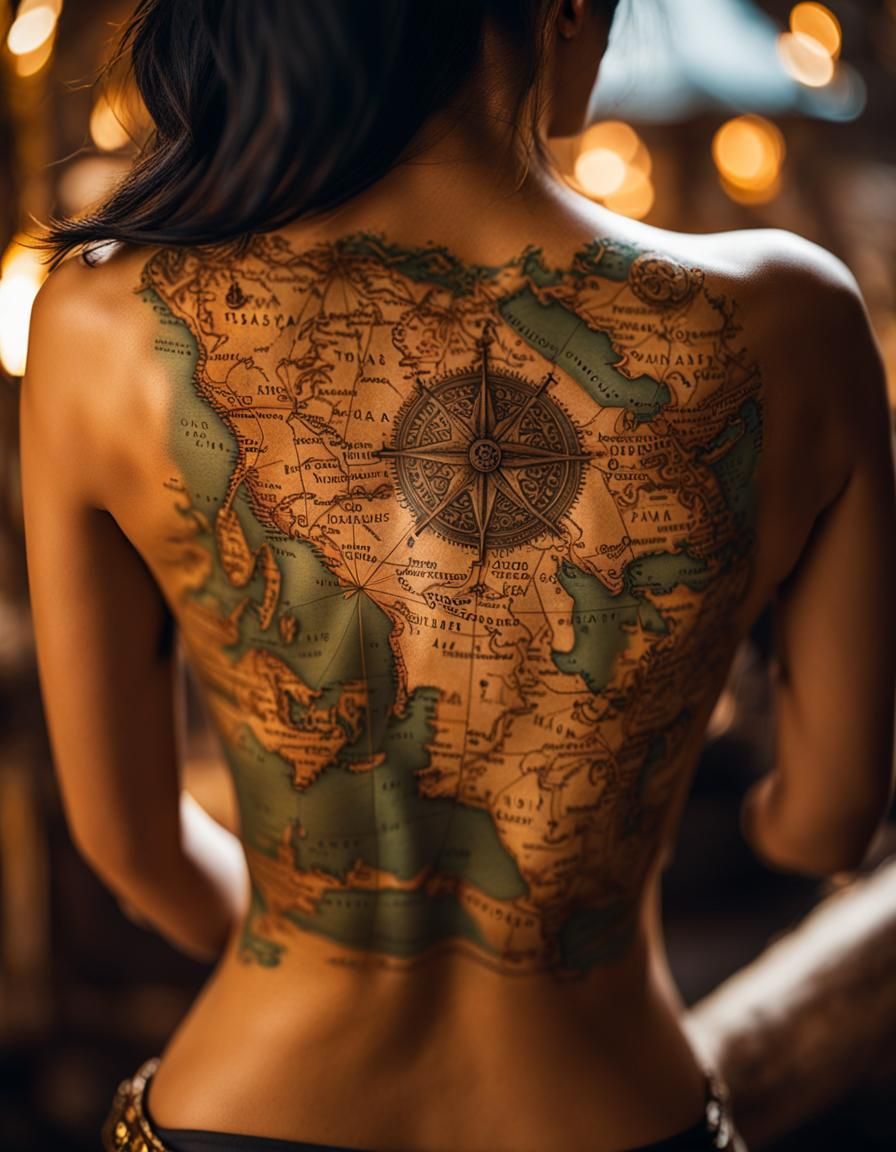 Detailed Treasure Map Tattoo on Woman's Back