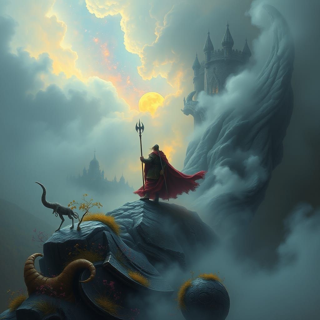 Cosmic Battle in Dreamlike Ethereal Landscape