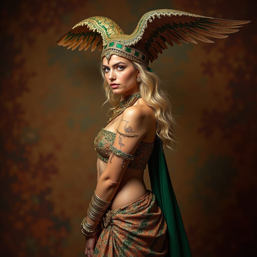 German Woman in Sari and Eagle Headpiece