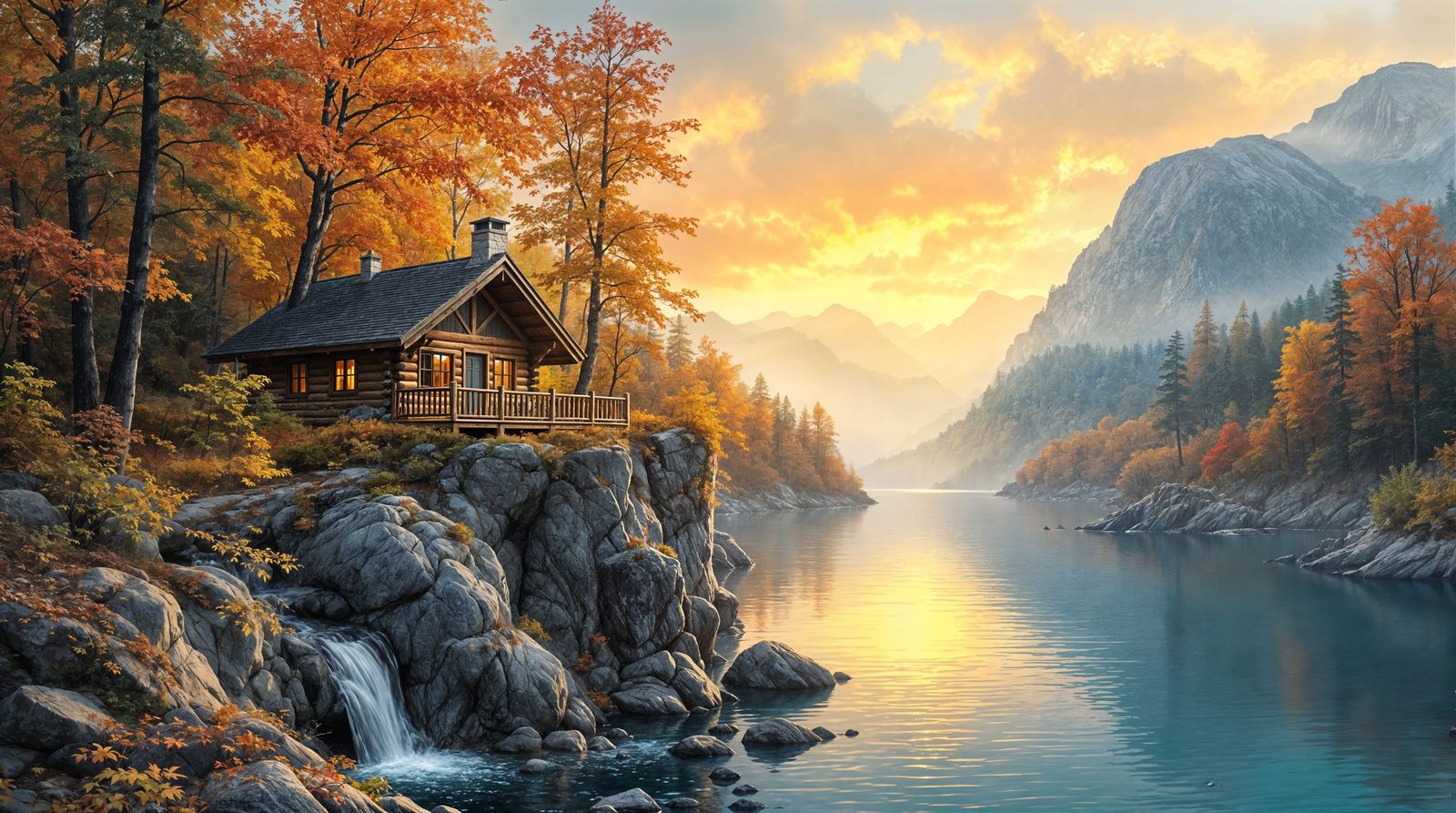 Hyperrealistic Autumn Cabin on Rocky Cliffside