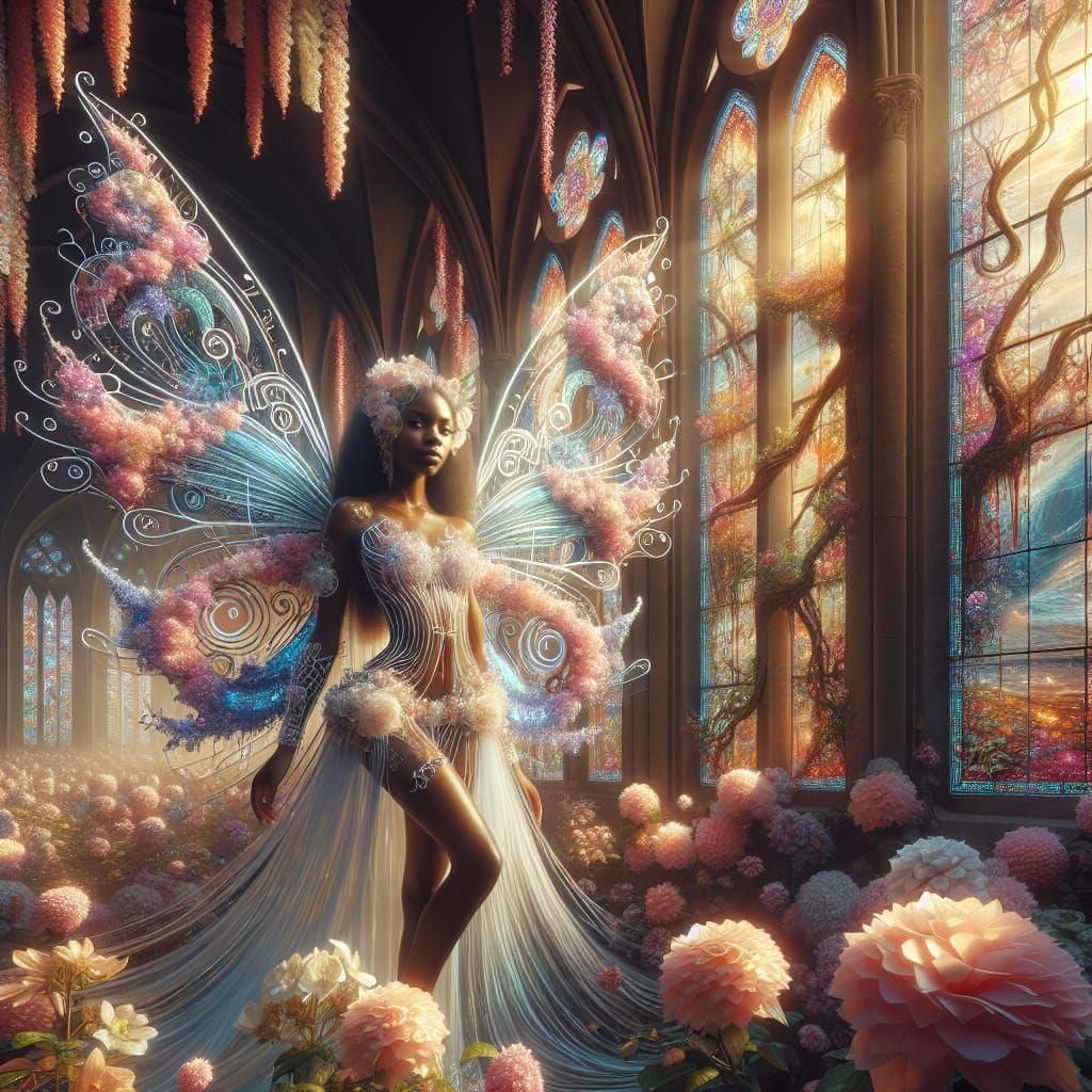 Ethereal Flower Cathedral with Stained Glass Fairy