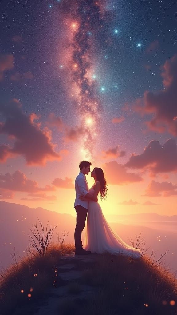 Cosmic Dream: Loving Couple Under Starry Skies
