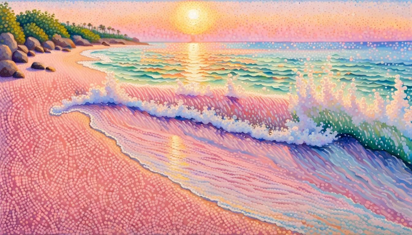 Pink Bermuda Beach at Sunrise as Pointillism Art