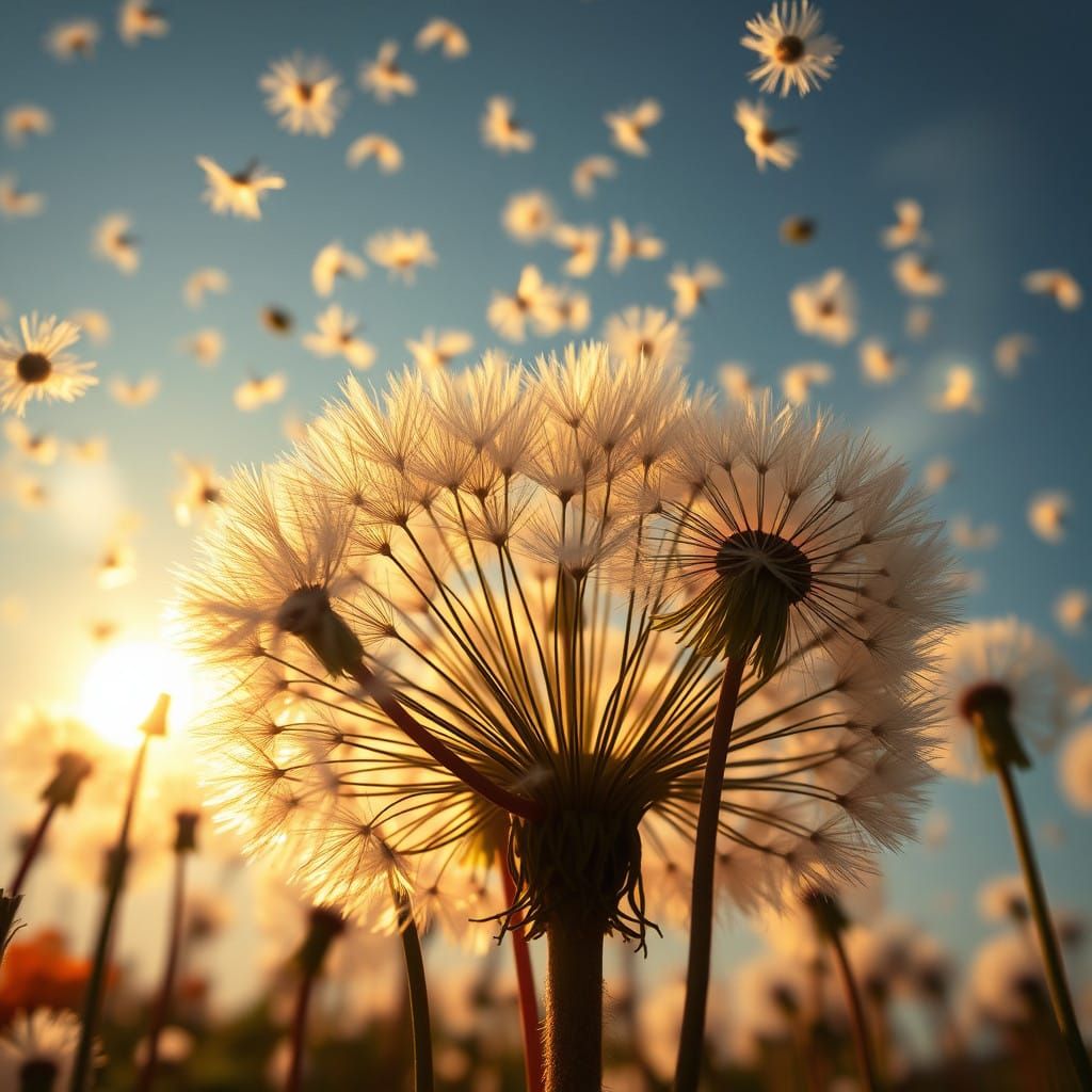 Whimsical Dandelion Explosion in Ethereal Light