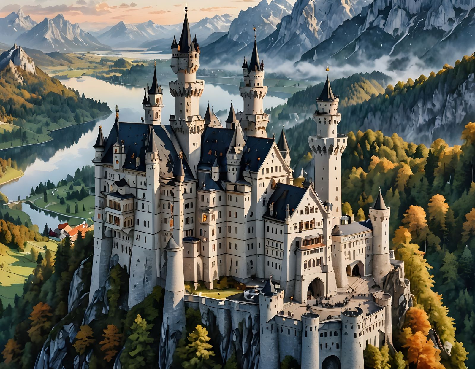 Neuschwanstein Castle at Dusk: Detailed Watercolor Art