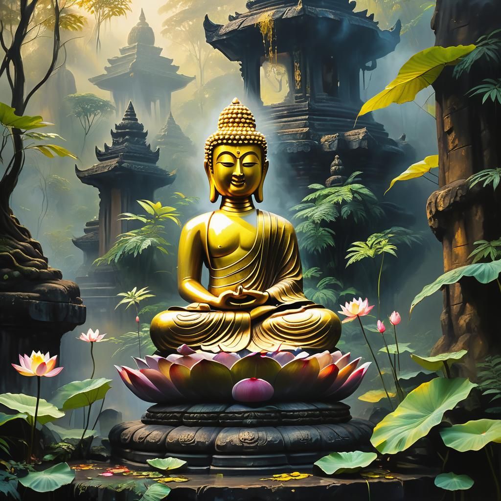 Golden Buddha in Misty Jungle Temple as Oil Painting