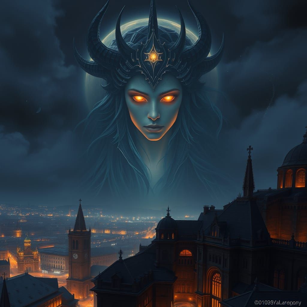Roman Goddess of Darkness Soars Over Slumbering Cityscape