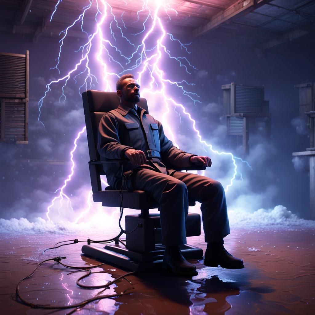 man in electric chair lightning clouds ,snow flurry  ,vapor ...