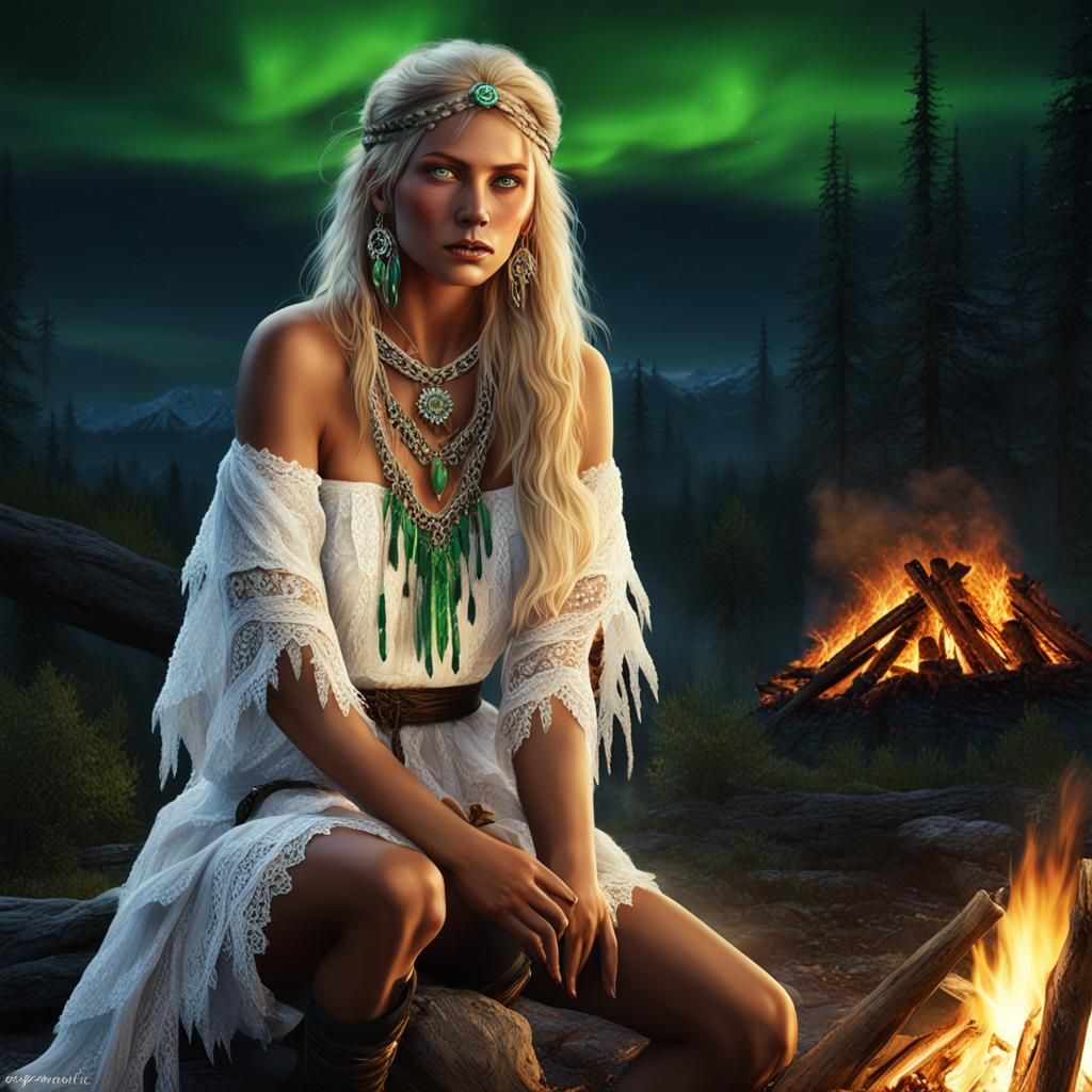 Native American Woman with Green Eyes by Campfire