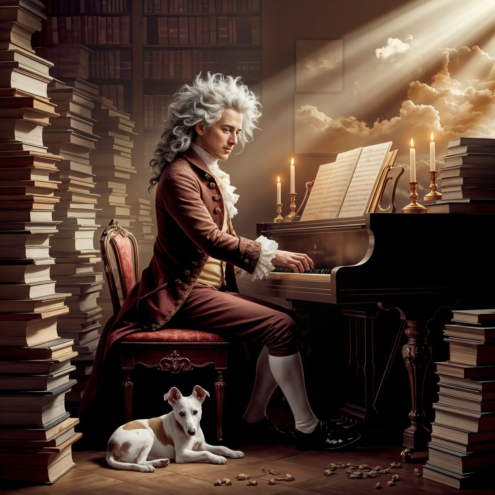 Elegant Mozart Moment with Whippet Puppy in Candlelit Room