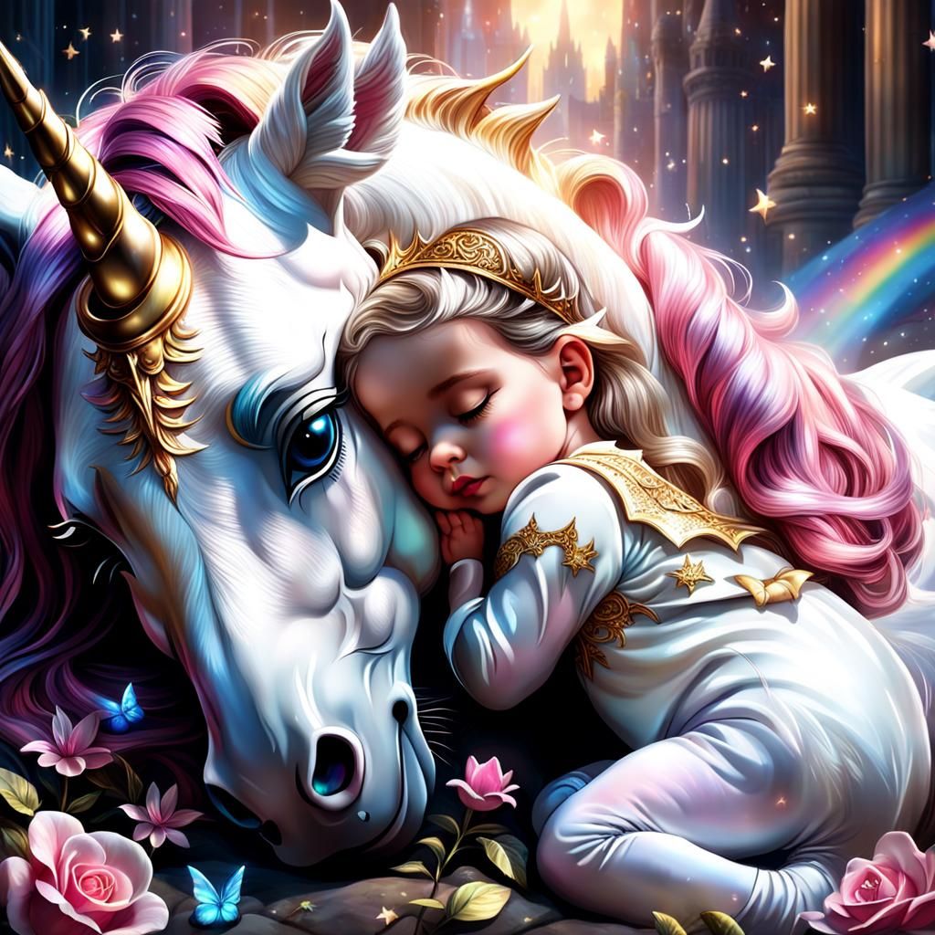 Baby Princess Sleeping with Magical Unicorn: Digital Paintin...