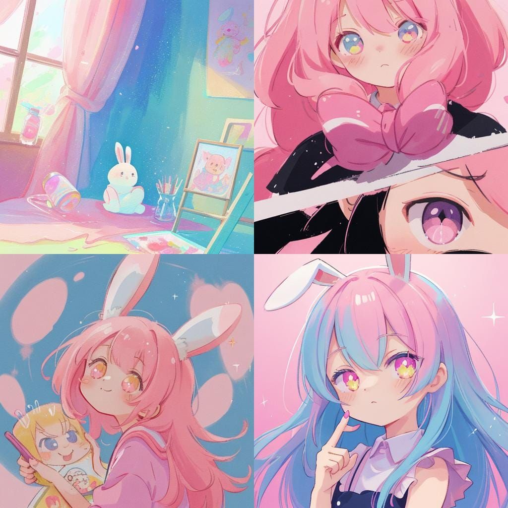 Cute Pink Bunny Painting Nails in Anime Style
