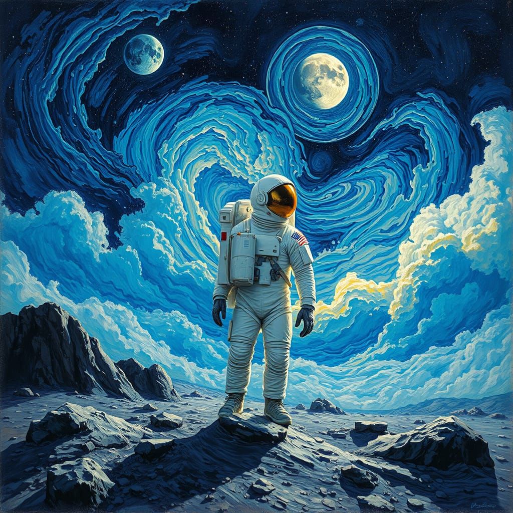 Astronaut in Cosmic Lunar Landscape with Vibrant Stars