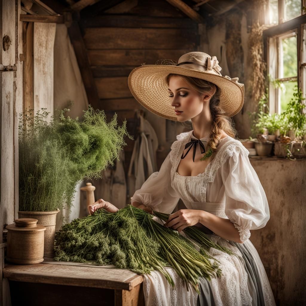 Woman Drying Herbs in Rustic Cottage