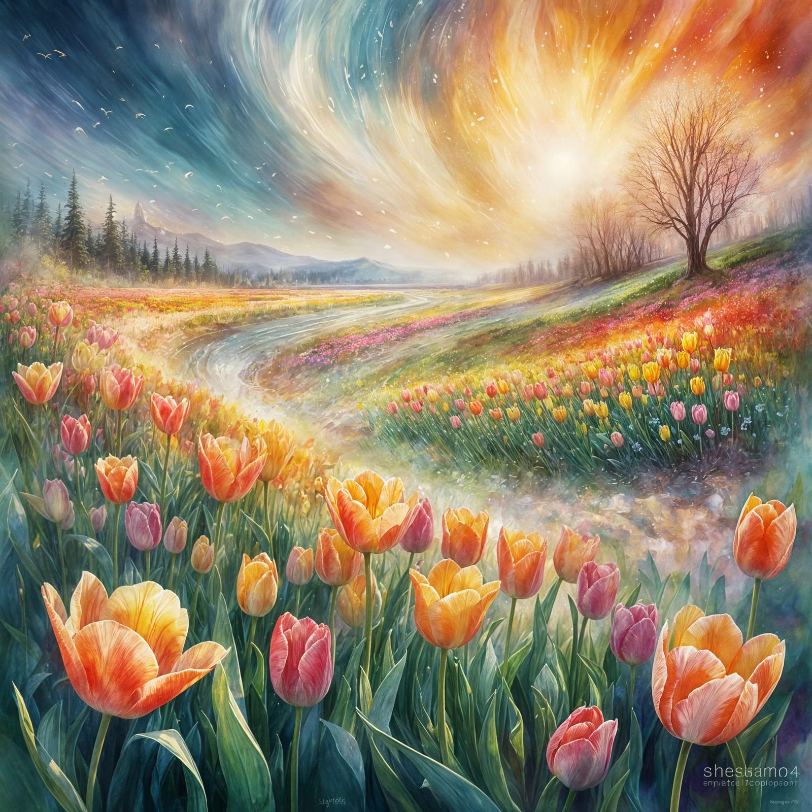 Abstract Spring Tulips in Watercolor Illustration