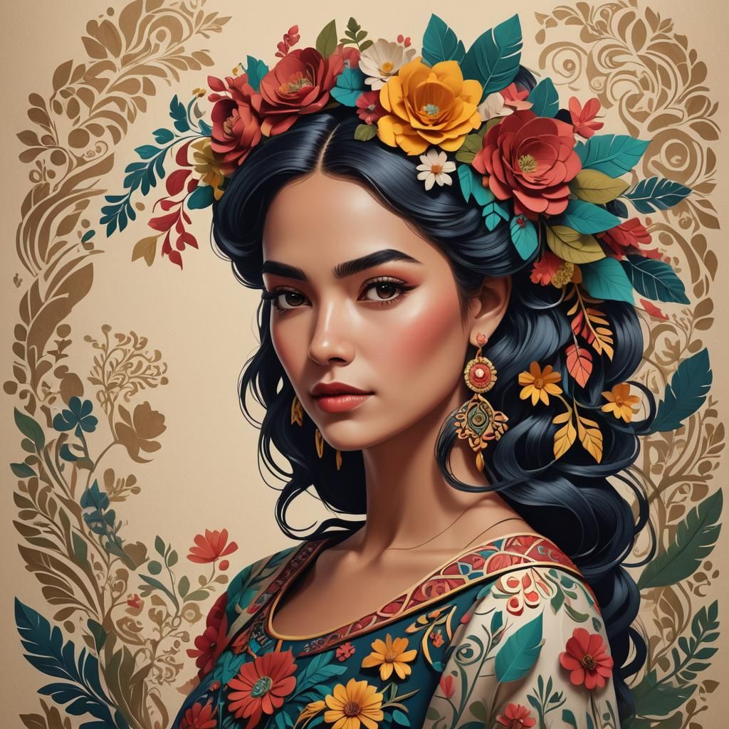 Elegant Mexican Woman in Papercut Style Illustration