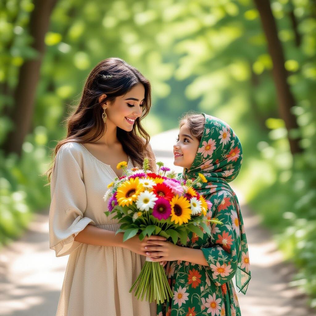 Girls Sharing Flowers on a Sunlit Forest Path