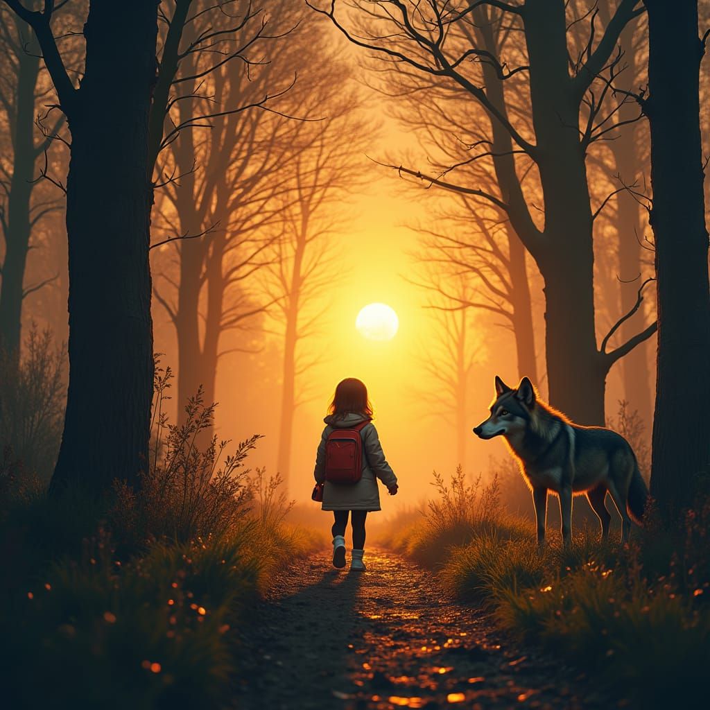 Red Riding Hood Walks Through the Dense Forest at Sunset