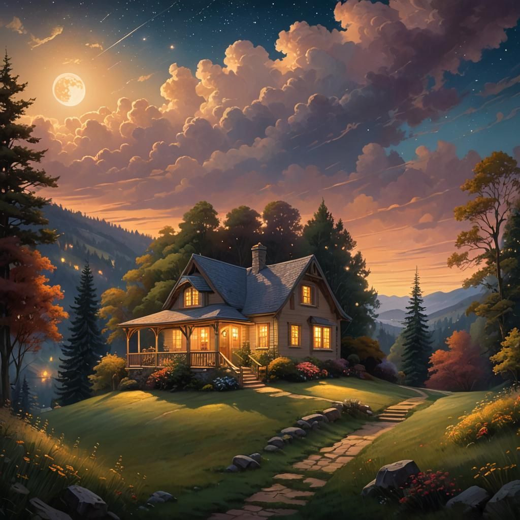Idyllic Cottage Under Starry Night Sky